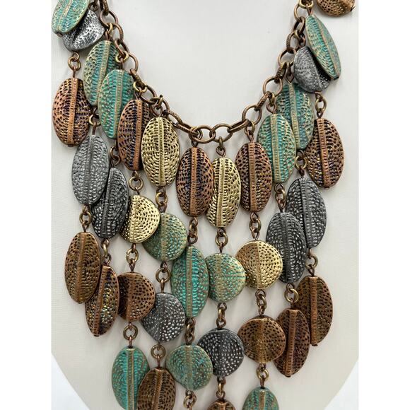 St. Thomas Vintage Mixed Metal Bronze and Green Cascading Leaves Bib Necklace - Picture 4 of 7